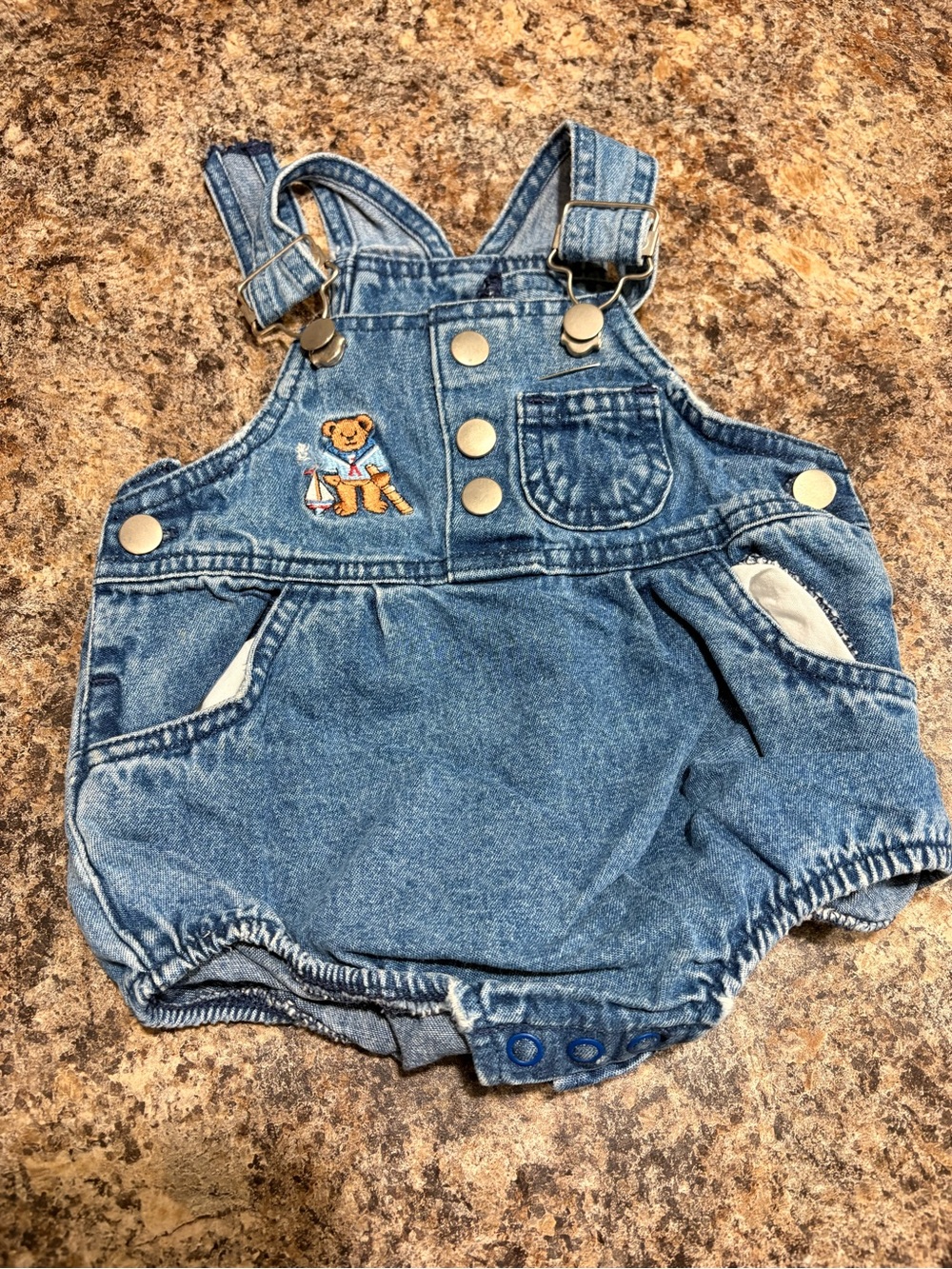 Blue Denim Baby Overalls with Bear Embroidery